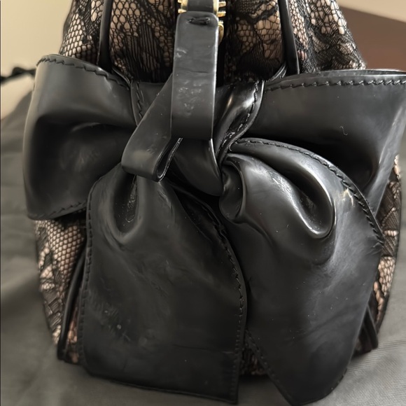 Valentino Garavani Black Leather Satchel with Lace Overlay - Picture 2 of 12